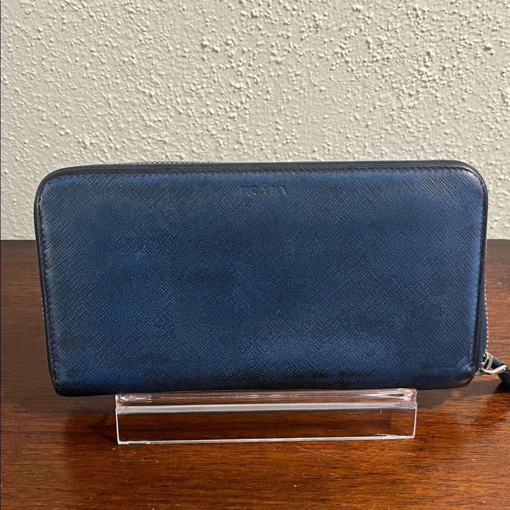 PRADA USED- Project Wallet Blue Leather Zip Wallet